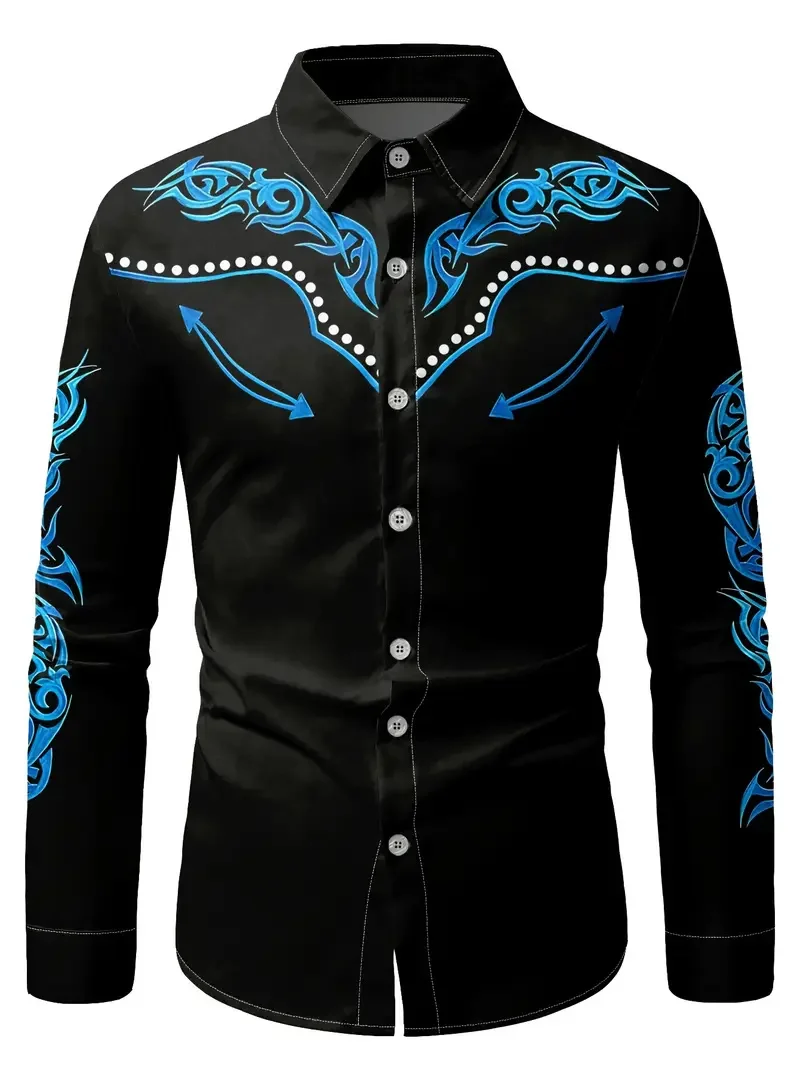 New fashionable men's polka dot printed long sleeved lapel single breasted shirt casual social men's streetwear top
