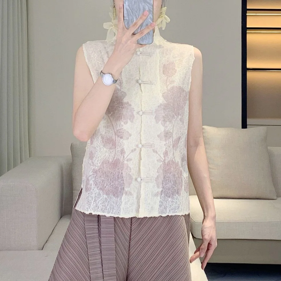 Miyake 2025 New Chinese Elegant Light Vest Women's Casual Classical National Style Button Printed Shirt Elegant Fashion Top