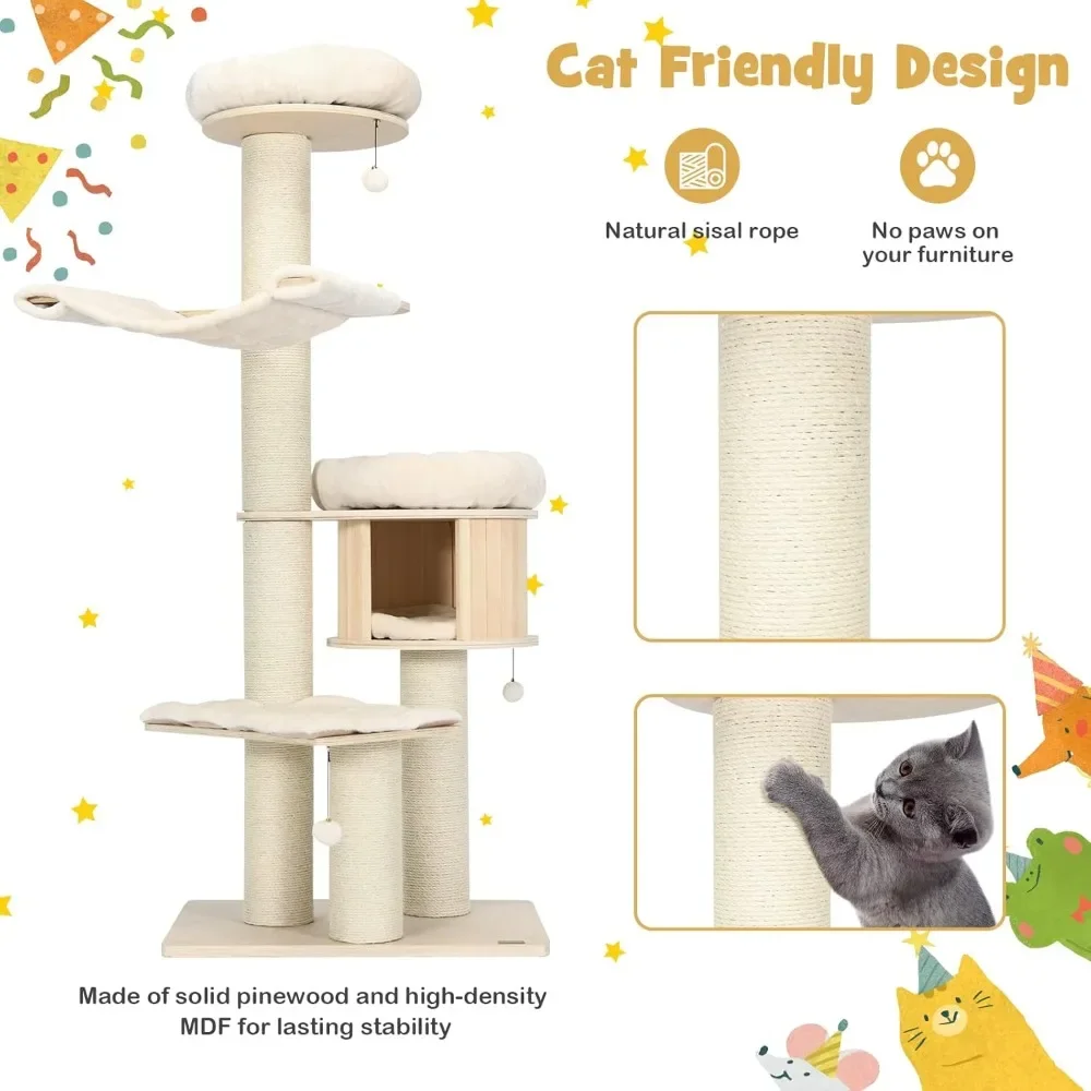 Tall Cat Tree, Multi-Level Modern Cat Tower with Sisal Scratching Posts, Top Perch, Cat Condo, Hammock, Jingling B