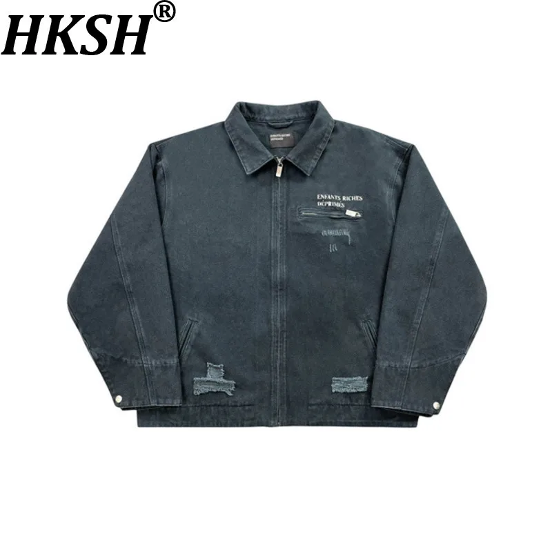 

HKSH Spring Autumn New Man Niche Tide Washed Retro Distressed Loose Denim Jacket Casual Print Zippers Frayed Design Coat HK13738