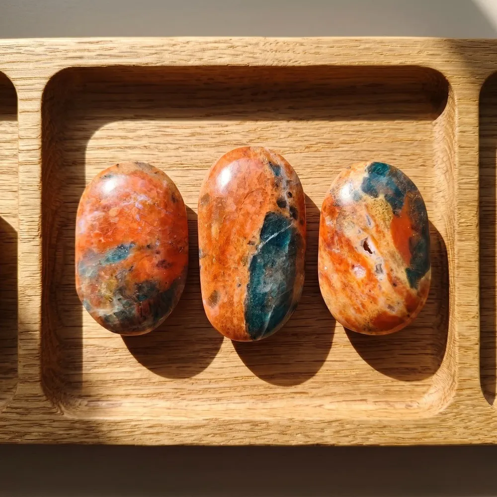 Natural Sunstone With Blue Apatite Crystal Palm Stone Quartz Healing Decor Gift