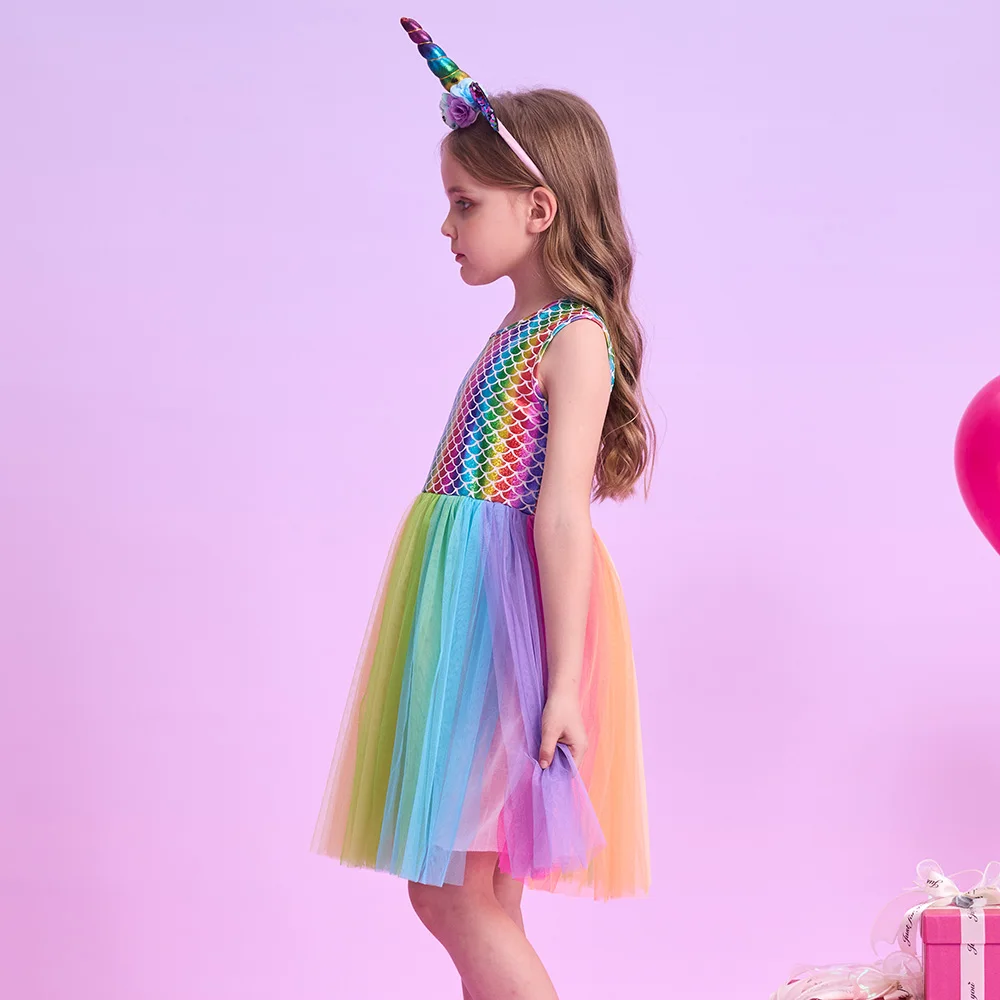 Ärmelloses Sommerkleid für Mädchen, Regenbogenfarben, bunt, Farbverlauf, Tüll, Netzstoff, Prinzessin, Geburtstagsfeier, Prinzessin, lässig, Festival-Kleider – Detail 3