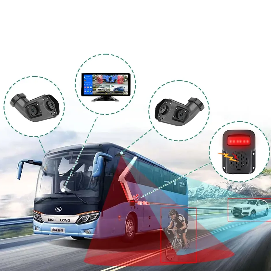 GreenYi 10.36 Inch 4 Ch Blind Spot BSD Alarm Truck Bus Onboard DVR Recorder Monitor Left Right Long Arm Side Dual Lens Camera