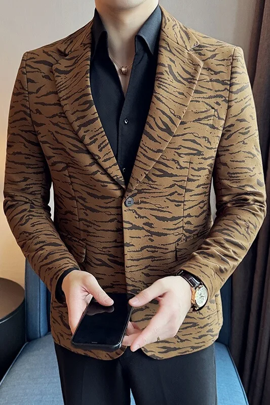 Fashion Leopard Print Design Blazers Coat Men Slim Fit Casual Business Suit Jackets High Quality Social Party Blazers Dress