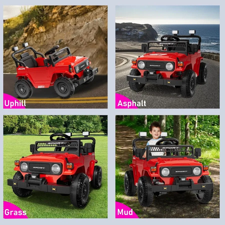 12Vリモコン付き乗用玩具車、3歳以上の女の子向け、子供用電動ジープ、スプリングサスペンション、Bluetooth、音楽、LED搭載、3