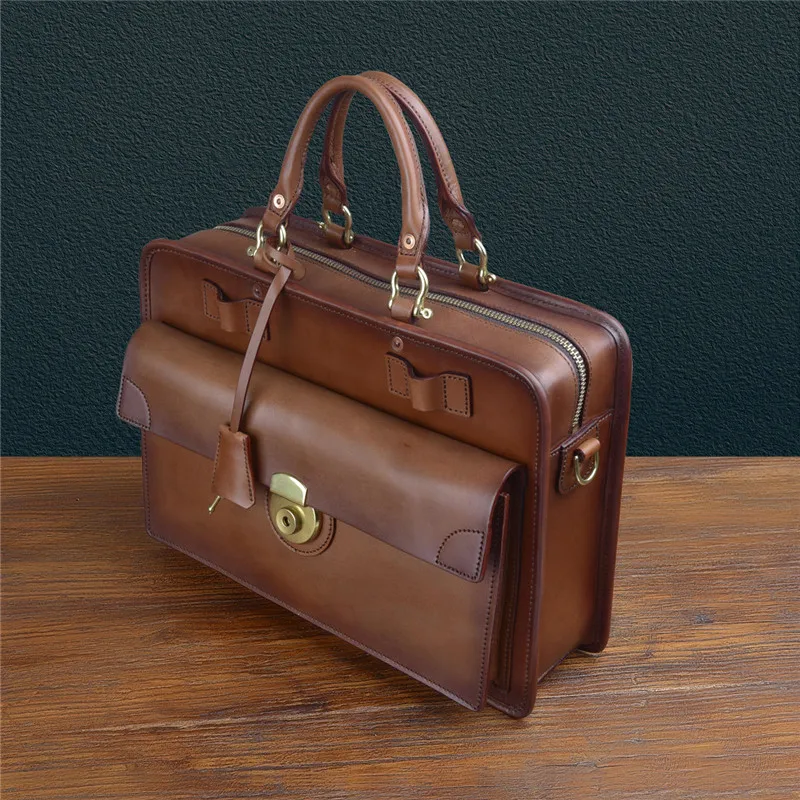 Maleta artesanal de couro genuíno para homens e mulheres, designer vintage, bolsa anti-roubo, grande capacidade, bolsa para laptop