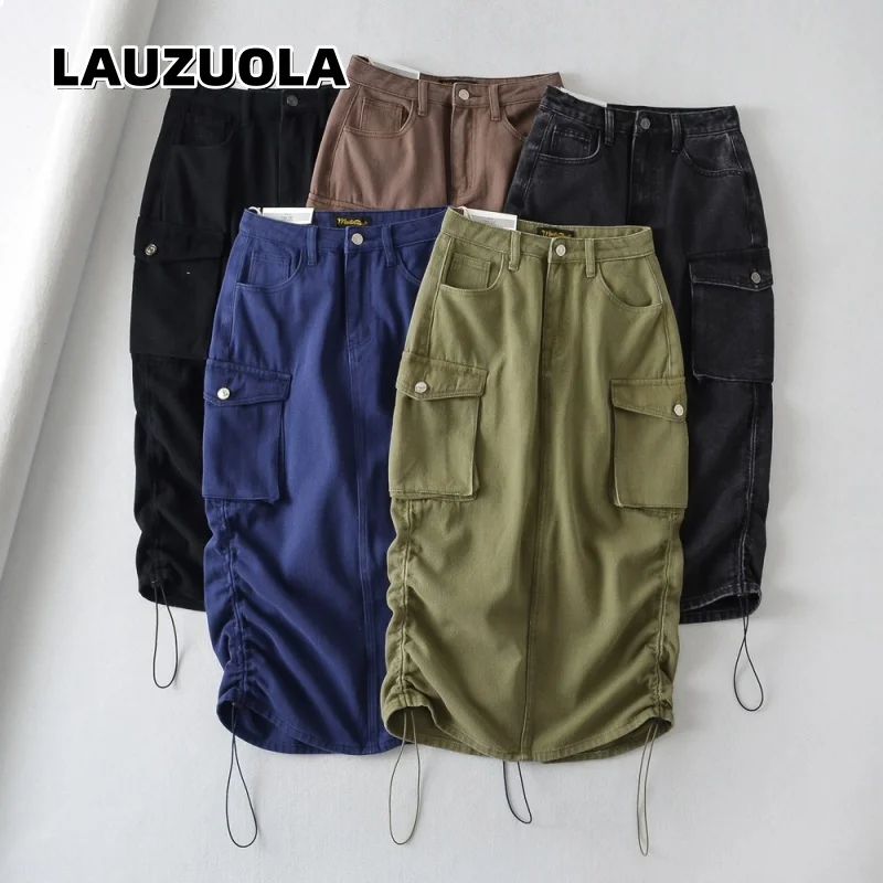 Women's Cargo Denim Midi Skirts High Waist Drawstring Ruched Hem Multi-Pocket Casual Aesthetic Bodycon Skirt Streetwear 2026