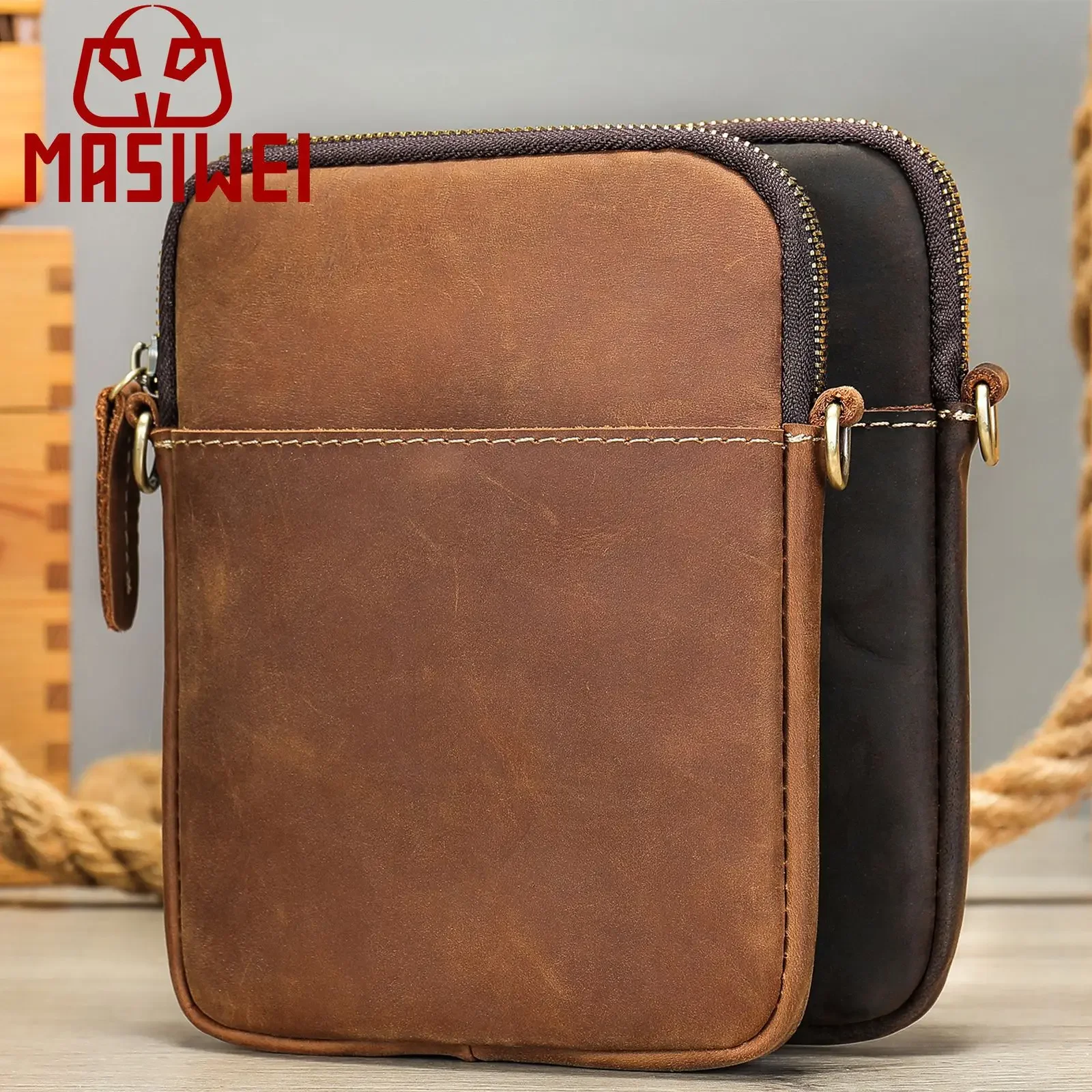 

High quality crazy horse leather men's shoulder crossbody bag handbag men's leather large capacity grab bag