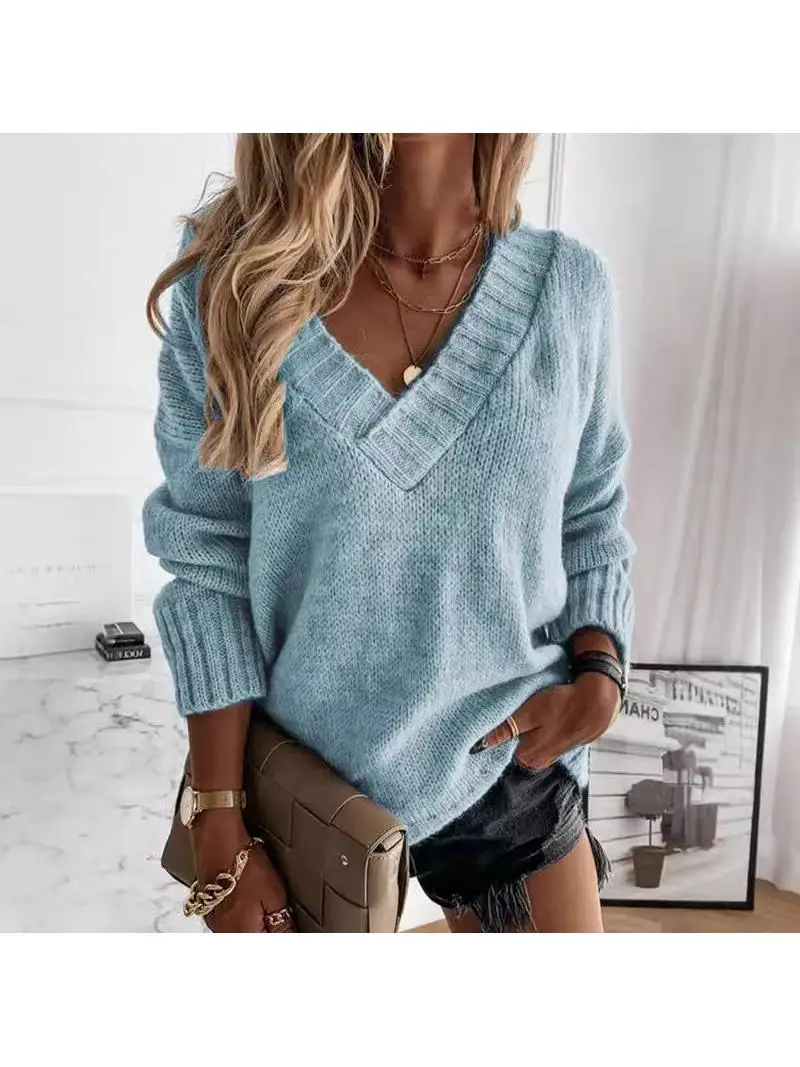 

Женский свитер с V-образным вырезом на осень-зиму, вязаный топ, 3XL, длинный рукав, свободный крой, цветной, из полиэстера, повседневный, комфортный
