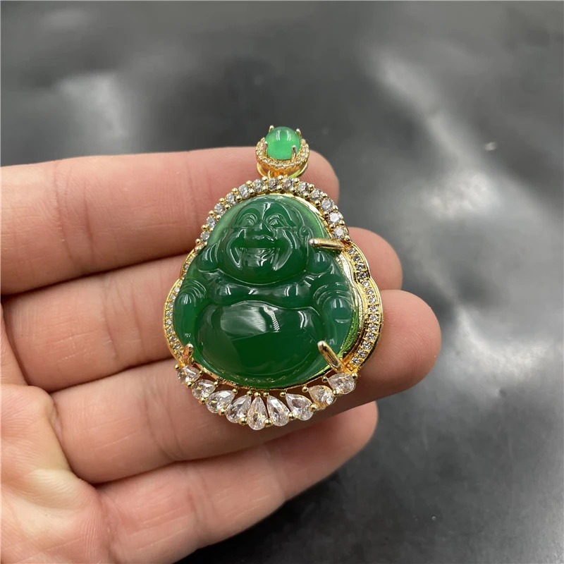 Inlaid Chalcedony Big Belly Pendant Women, Medium to Large Size, Green Agate Maitreya Buddha