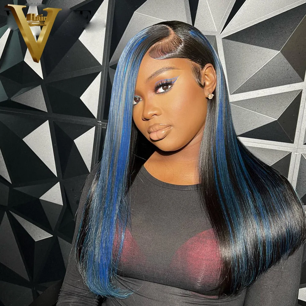 Preplucked Black With Blue Highlight HD Transparent Lace Frontal Wig 13×4 13×6 Brazilian Virgin Remy Human Hair Wigs For Women