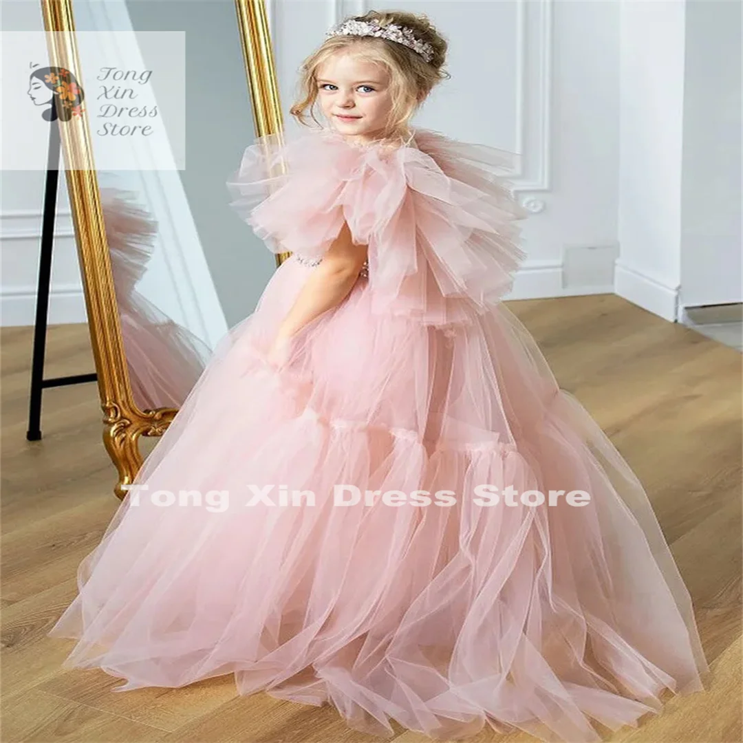 

Light Pink Feather Flower Girl Dress For Wedding Tulle Puffy V-back Kids Birthday First Communion Princess Ball Gowns