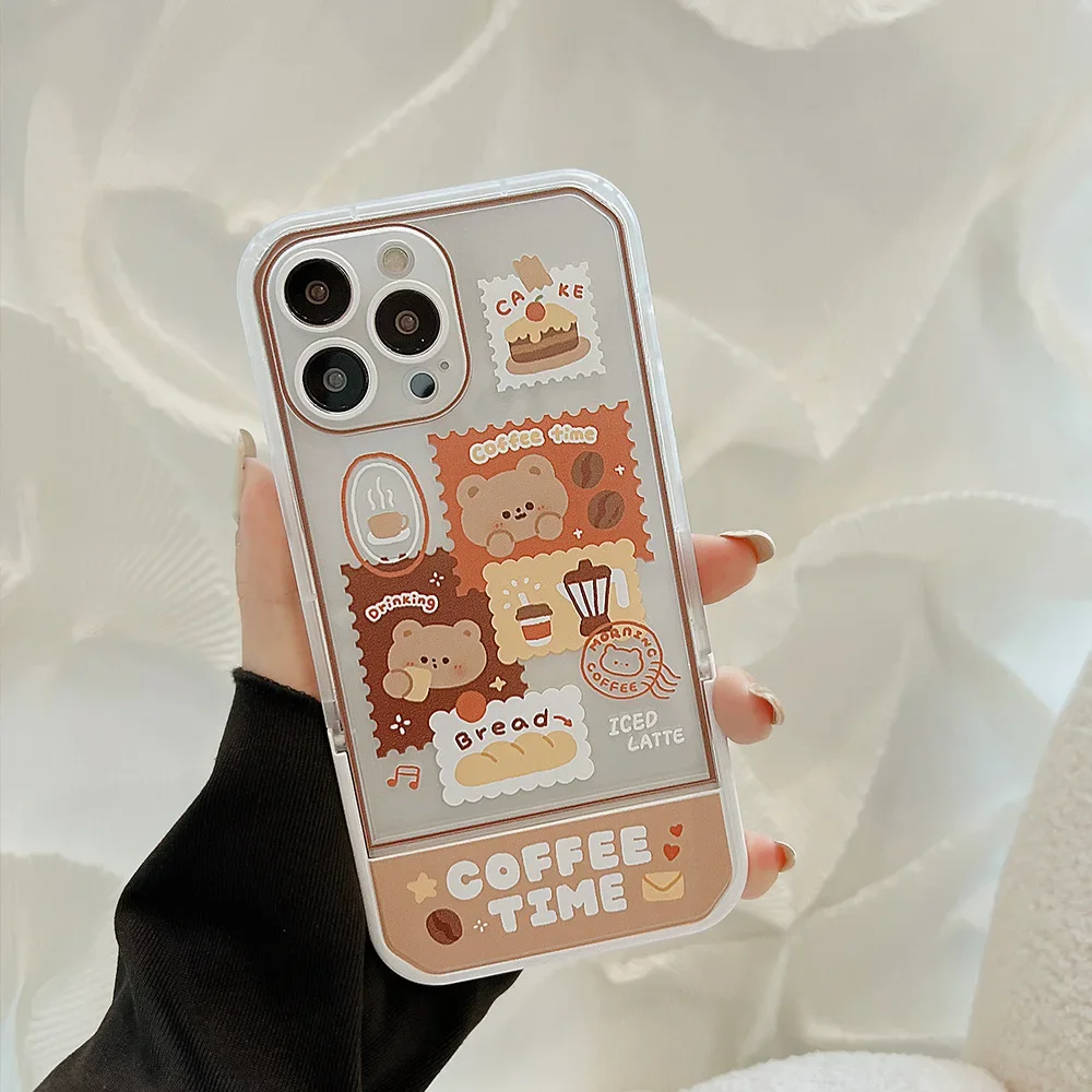 Retro stamp art Coffee Bear przezroczyste etui na telefon do iPhone'a 16 15 14 13 11 12 Pro Max Xr 14 15 16 Plus etui Cute stand Cover