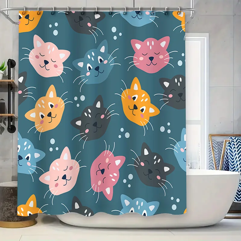 

Занавеска для душа с синими кошками, водонепроницаемая тканевая отделка для ванной комнаты с крючком для домашней гостиной