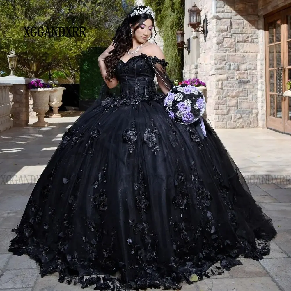 Sweetheart Black Quincenara Dresses 2024 Mexico Vestidos De 15 Años Quinceañeras 3D Floral XV Brithday Party Gown Sweet 16 Dress