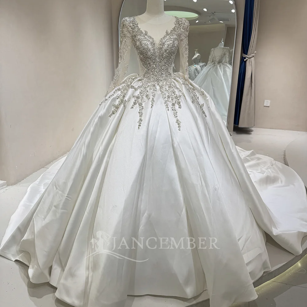 Flash Sale Customized Vintage Very Puffy Ball Gown Wedding Dress O-Neck Full Sleeves Lace Up Back Bridal Gowns suknia ślubna