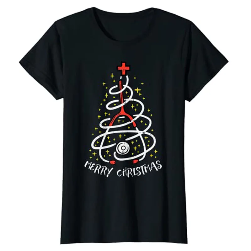 

Womens Merry Christmas Nurse Xmas Tree Scrub Top Women Stethoscope T-Shirt Gift Basics Cotton Graphic Tee Nursing X-mas Pajamas