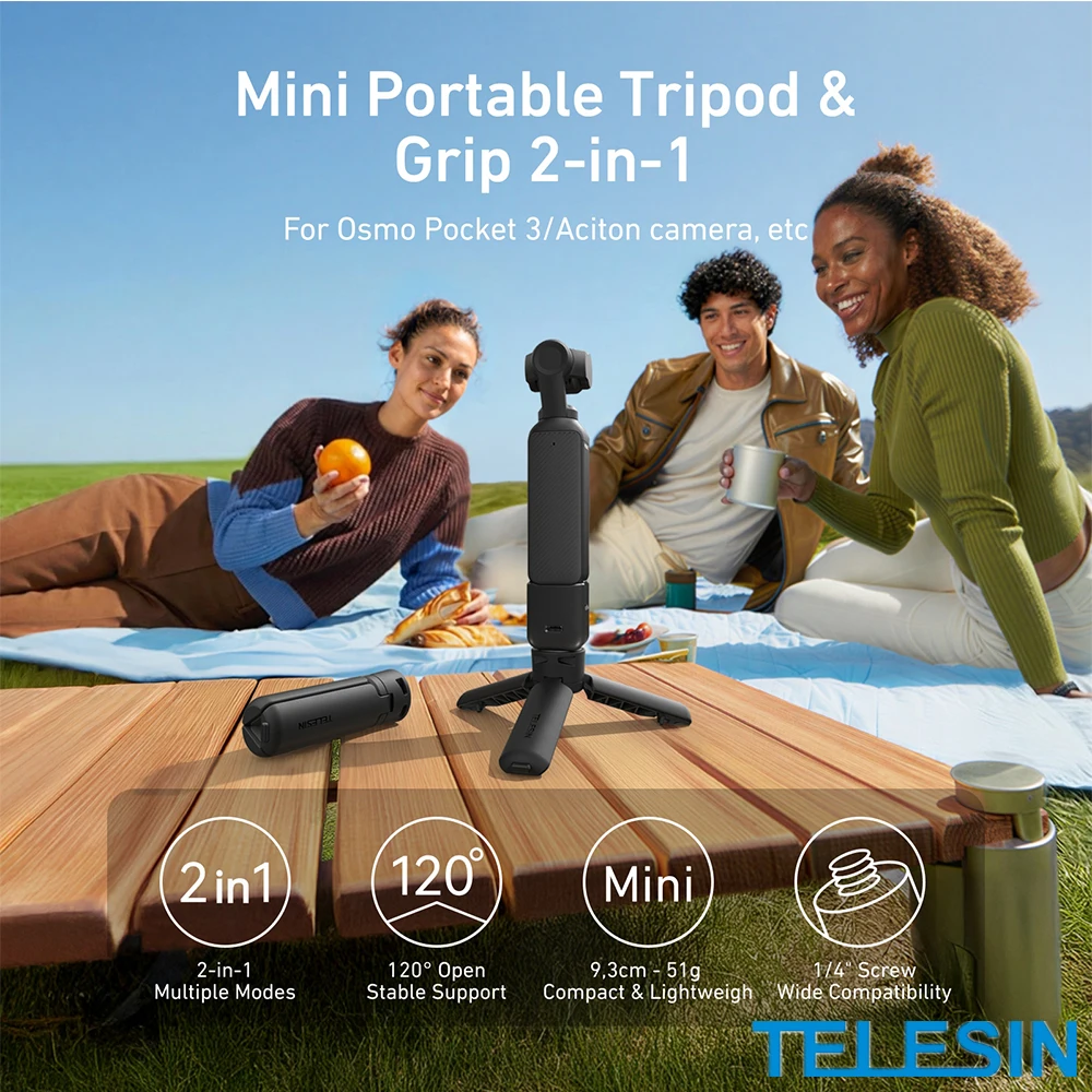 TELESIN 2-in-1 Mini Portable Tripod & Grip for Action Camera, 51g Lightweight, 120° Stable Support, 1/4