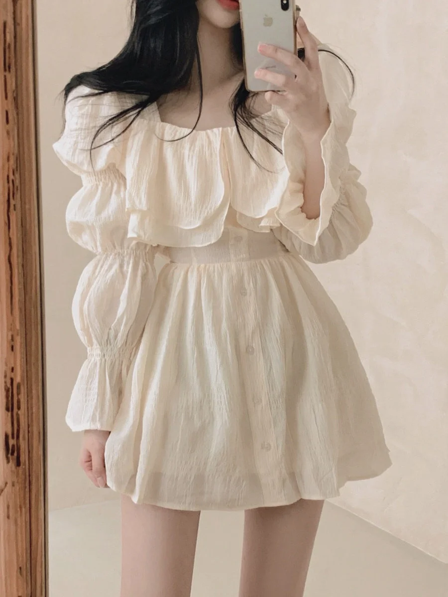 Slimming Princess Sleeve Ruffle Hem Dress Women's Chic Autumn Waist Cinched Fashionable A-Line Skirt Korean Style Streetwear