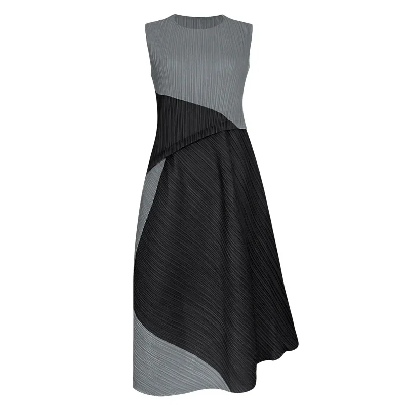 ALSEY Miyake-vestido plisado sin mangas con cuello redondo, novedad de verano, Color de colisión, cintura alta, empalme, vestido largo suelto Irregular para mujer