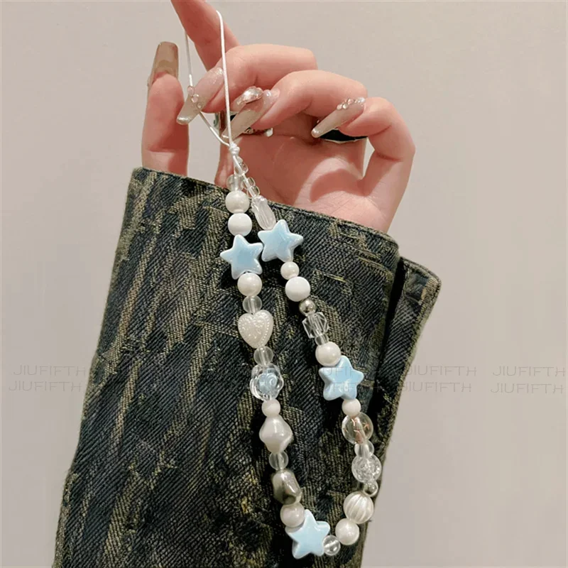 

Korean cute 3D blue star love heart beaded phone chain charm lanyard for iPhone 15 CCD camera hanging rope girl Jewelry pendant