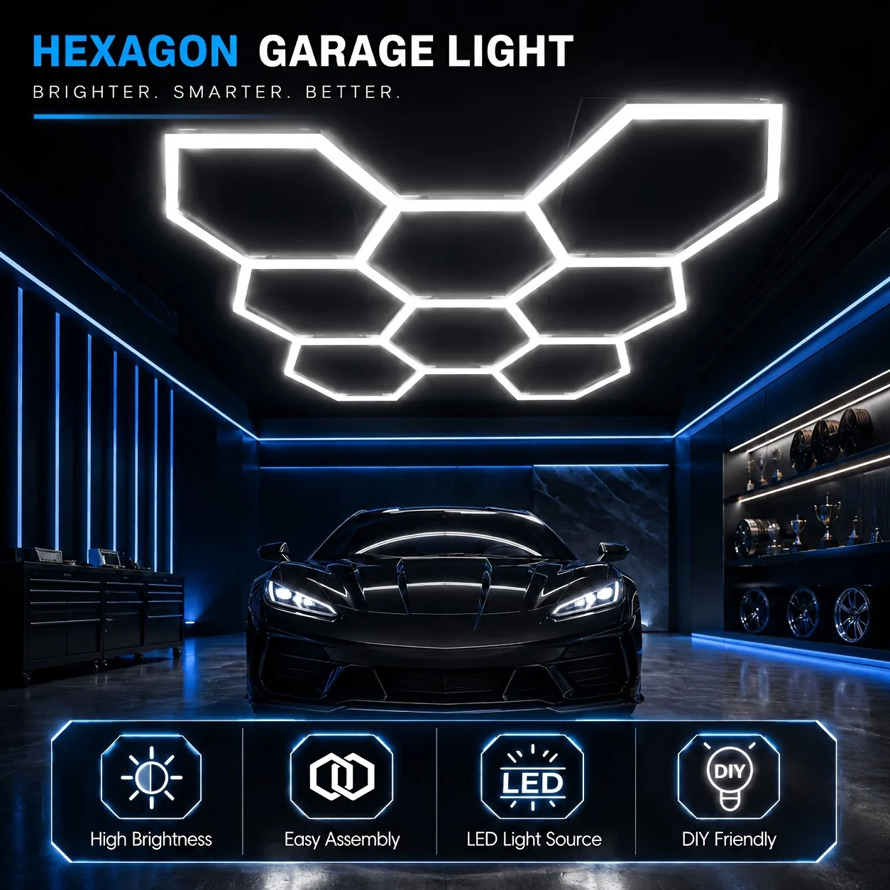 Honeycomb hexagonal light 6500K cool white LED tube easy installation 110V-240V suitable for garages, 4S workshops, hair salons