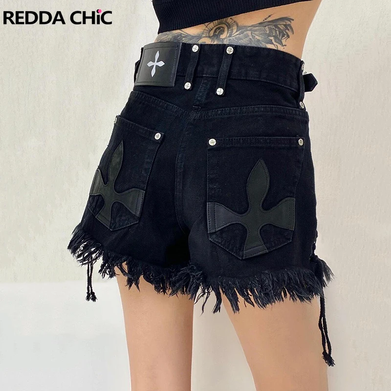 

REDDACHiC Grunge Y2k Cross Patchwork Denim Shorts Women High Waist Bandage Frayed Black Jeans Summer Bootypants Vintage Clothes