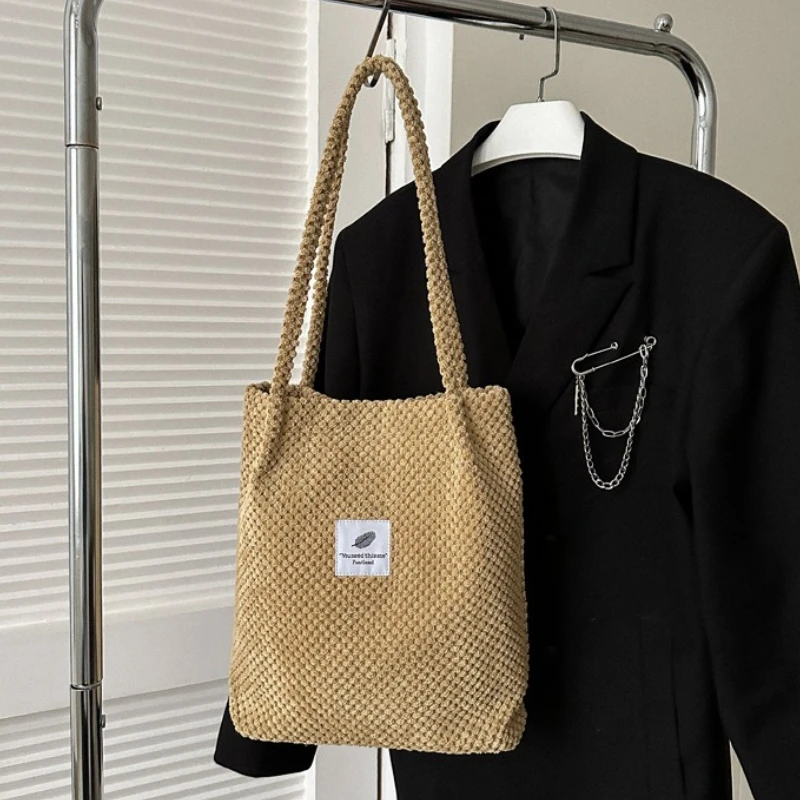 Women's Corduroy Canvas Handbag Soft Solid Color Storage Shoulder Bag Casual Large Capacity Shopping Bag Reusable Folding Bag