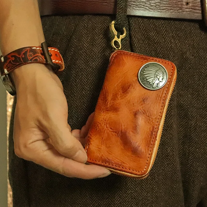 Dompet Kunci Kulit Buatan Tangan Geanuine untuk Mobil dan Dompet Gantungan Kunci Casing Kartu dengan Gantungan Kunci