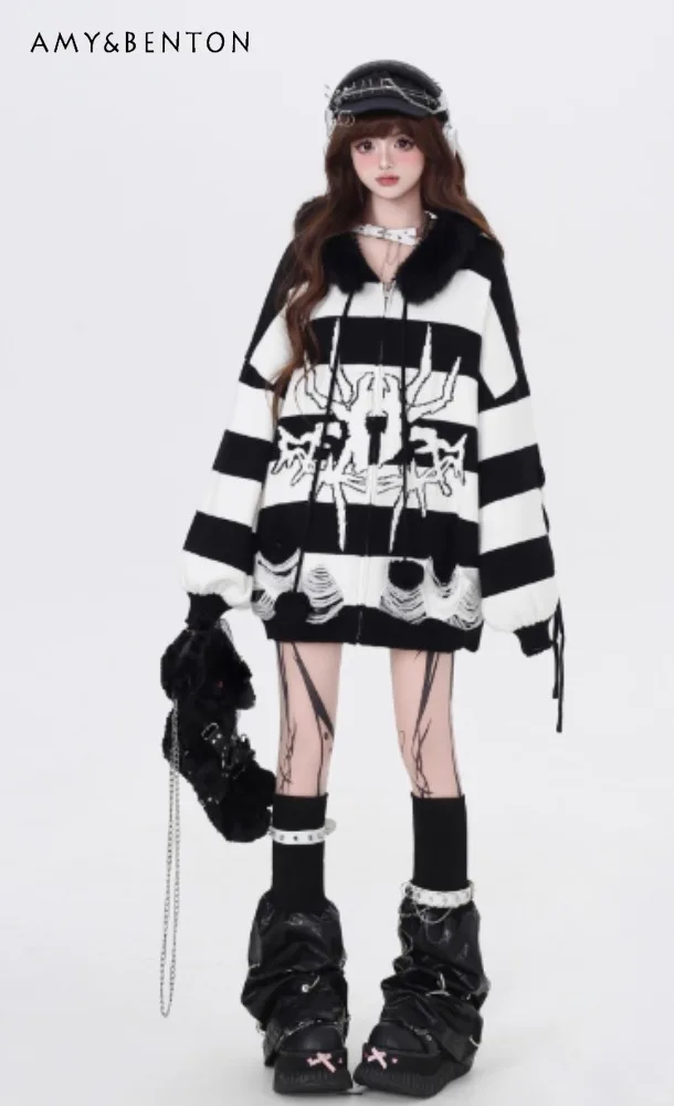 

2025 Autumn Winter New Punk Striped Loose Versatile Lantern Sleeve Hooded Cardigan Mid-Length Long Sleeve Sweatshirts
