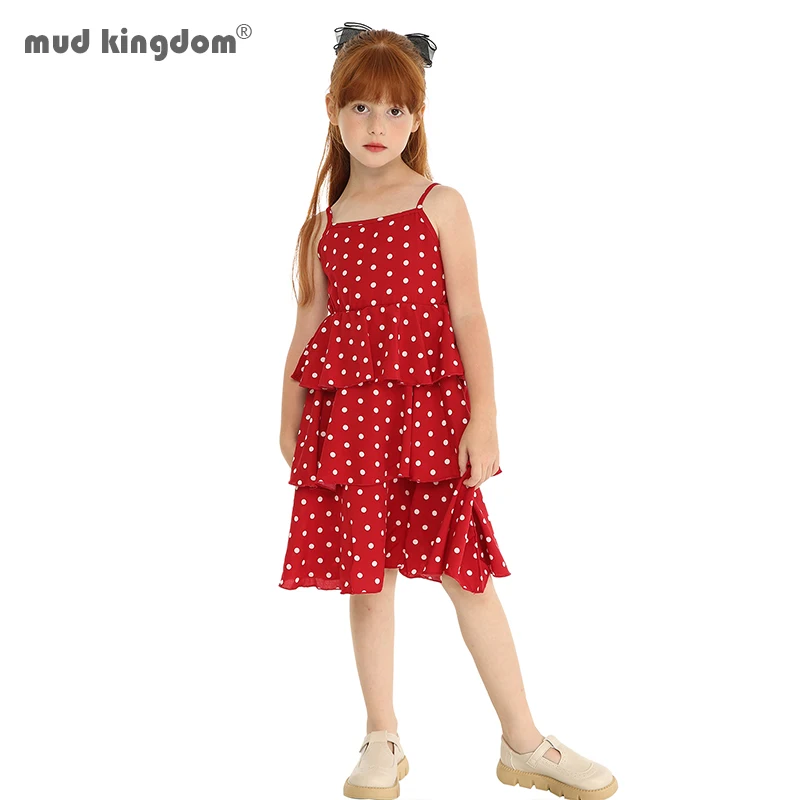 Mudkingdom Big Girls Spaghetti Strap Dress Summer Polka Dots Tiered Cami Dresses for Girl Clothes Fashion Casual Kids Clothing