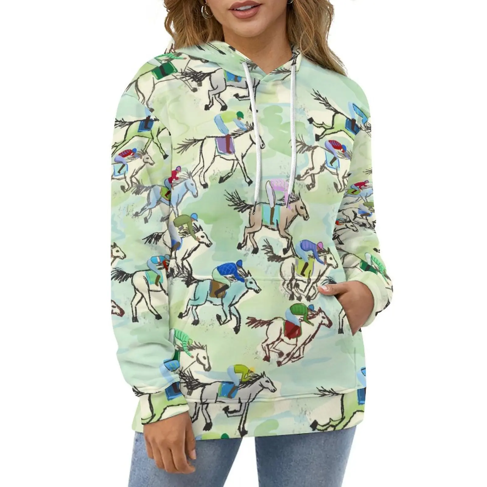 

Horse Print Hoodies Off to The Races Korean Fashion Casual Hoodie Long Sleeve Retro Custom Sweatshirts Birthday Present