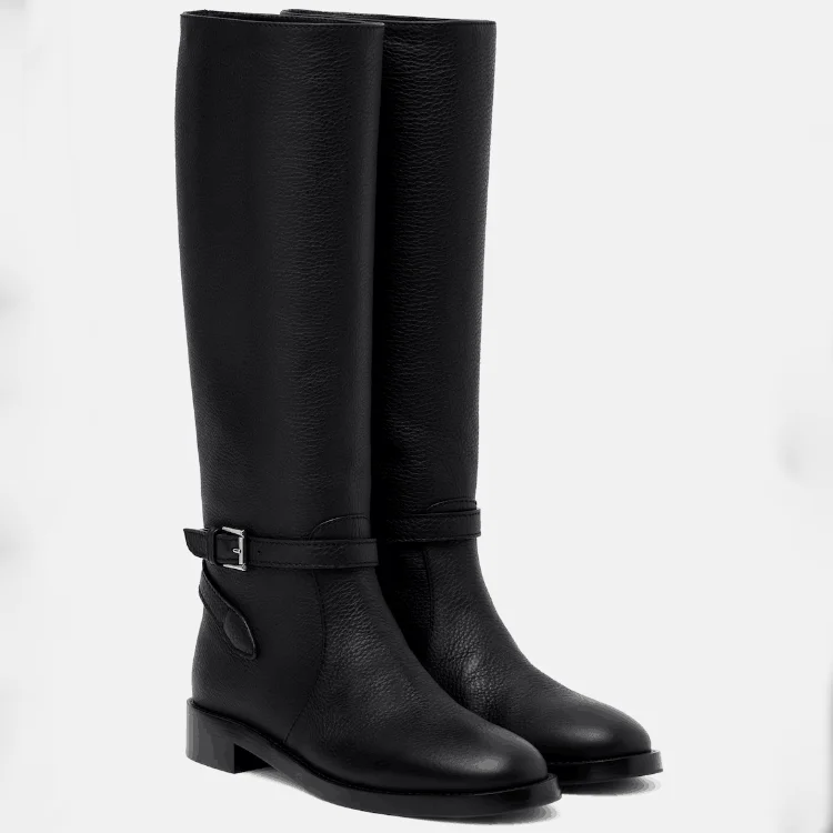 2026Women's Round Headed Flat Leather Mid Calf Boots, Casual and Versatile, Size 35-46, Black Knee High Boots, Women's Boots
