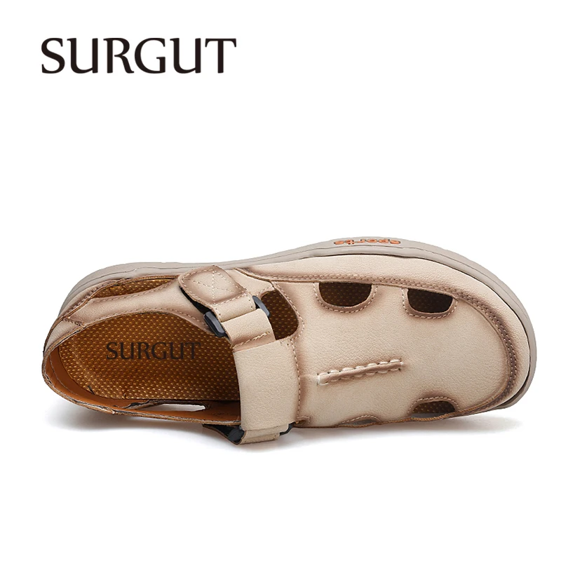 ​SURGUT Summer Breathable Men's Sandals Hook-Loop Strap Anti-Slip Wearproof Vintage Washed Plus Size 38-47