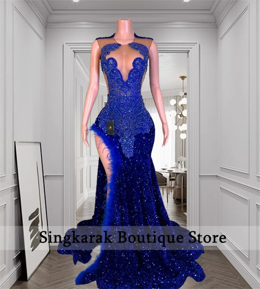

Customized Royal Blue Sequins Long Prom Dress 2026 For Black Girls Feathers Diamond Beaded Party Gala Gown Vestidos