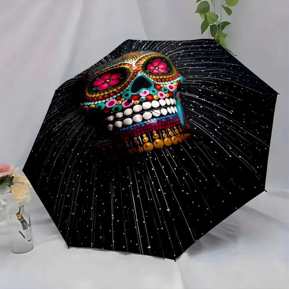 1PC Colorful Sugar Skull Art on a Bold Black Umbrella Print 8 Iron Ribs Folding Umbrella Auto-Open Fashion Sunshade