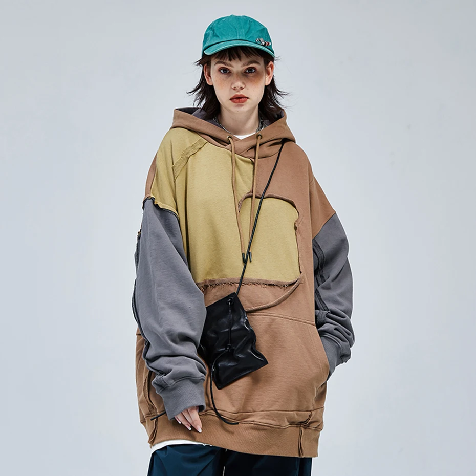 

Broken Patchwork Hoodie Women Harajuku Streetwear Hooded Sweatshirts Original Oversized Female Hoodies Stitch Y2K Pullovers