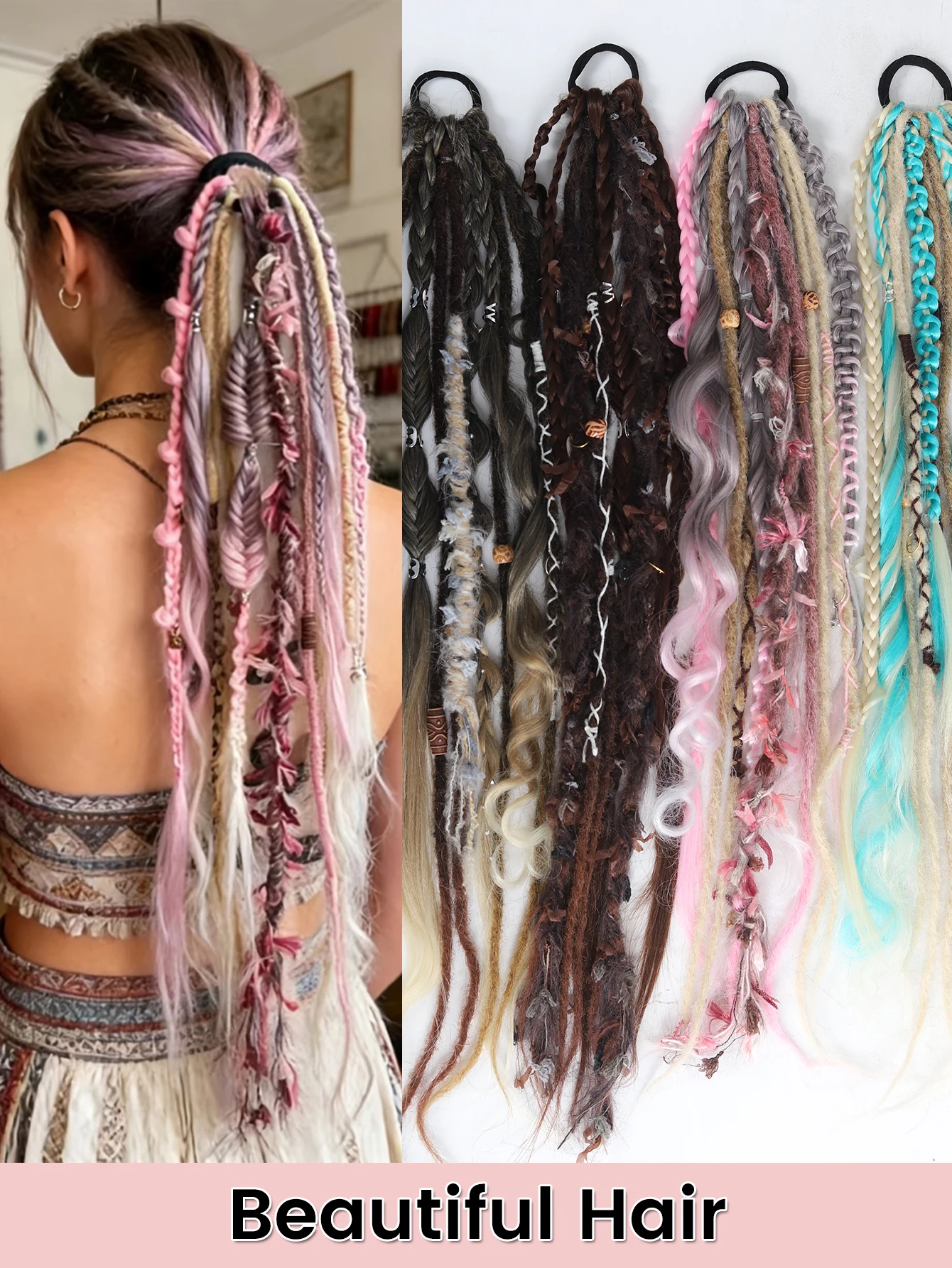 Hand-Braided Viking Dreadlock Beaded Synthetic Hairpiece 24