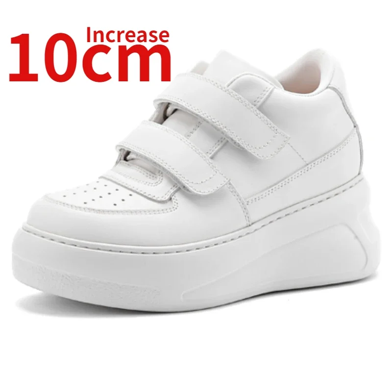 

White Shoes for Women's Genuine Leather 10cm Height Increasing Shoes Comfortable Breathable Sports Thick Soled Casual Shoes Male