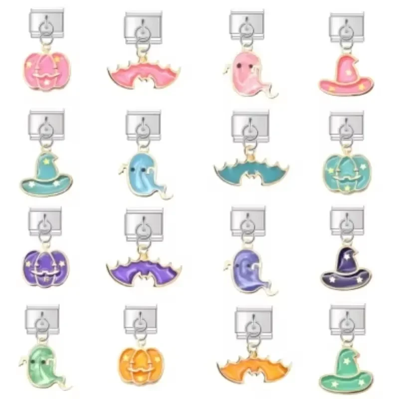 2024 New Women Halloween Pumpkin Hat Ghost Elastic Charms Italian Links Fit 9mm Modular Bracelet Stainless Steel DIY Jewelry