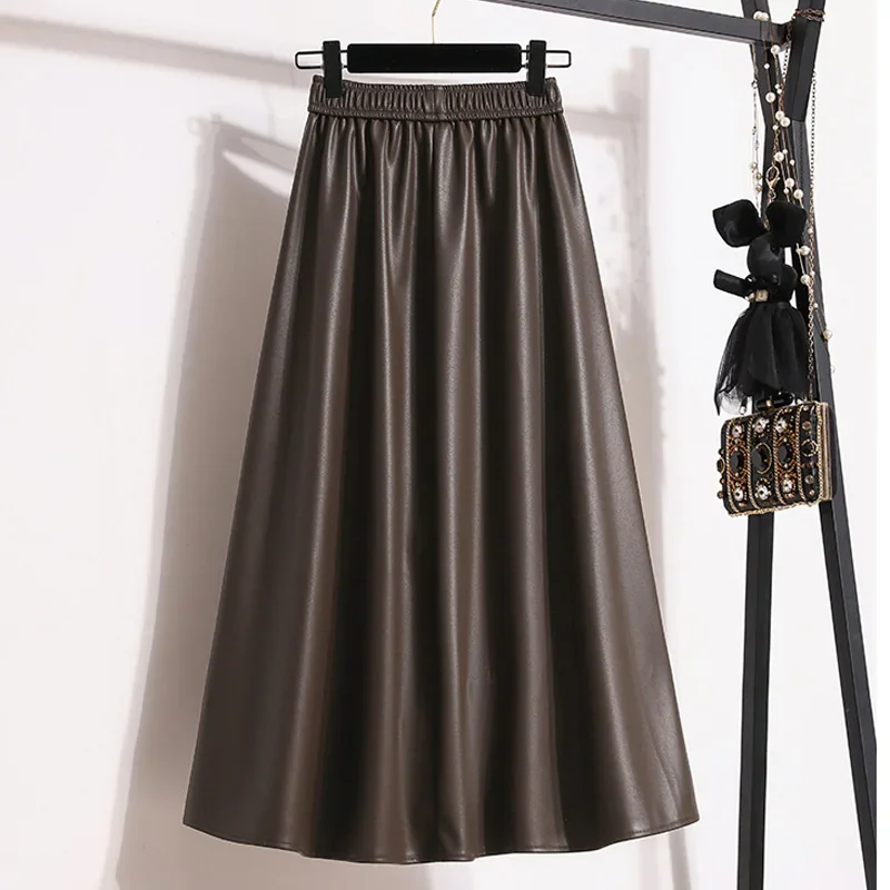 Large Size 4XL Vintage Long Faux Leather Skirt Women Elegant PU Skirt Autumn Winter Lady High Waist A-Line Skirt Female A359