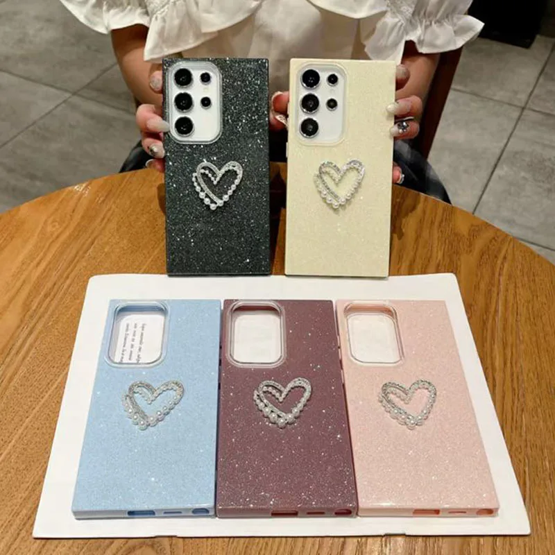 Luxury Pearl Heart Bling Glitter Candy Hard Phone Case For Samsung Galaxy S25 S24 S23 S22 S21 S25 S24 Ultra Plus S24 FE 5G Cover
