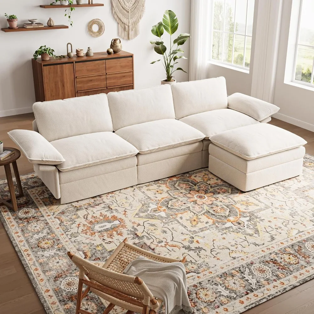 

Кушетка Cloud для гостиной 110 Пушистые удобные диваны для квартиры 3-местный секционный диван с пуфиком | Цвет слоновой кости Белый