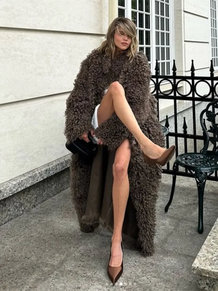 Luxury Solid Color Wool Long Coat Casual Full Sleeve Faux Fur Overcoats 2024 New Female Winter High Street Warm Streetwear