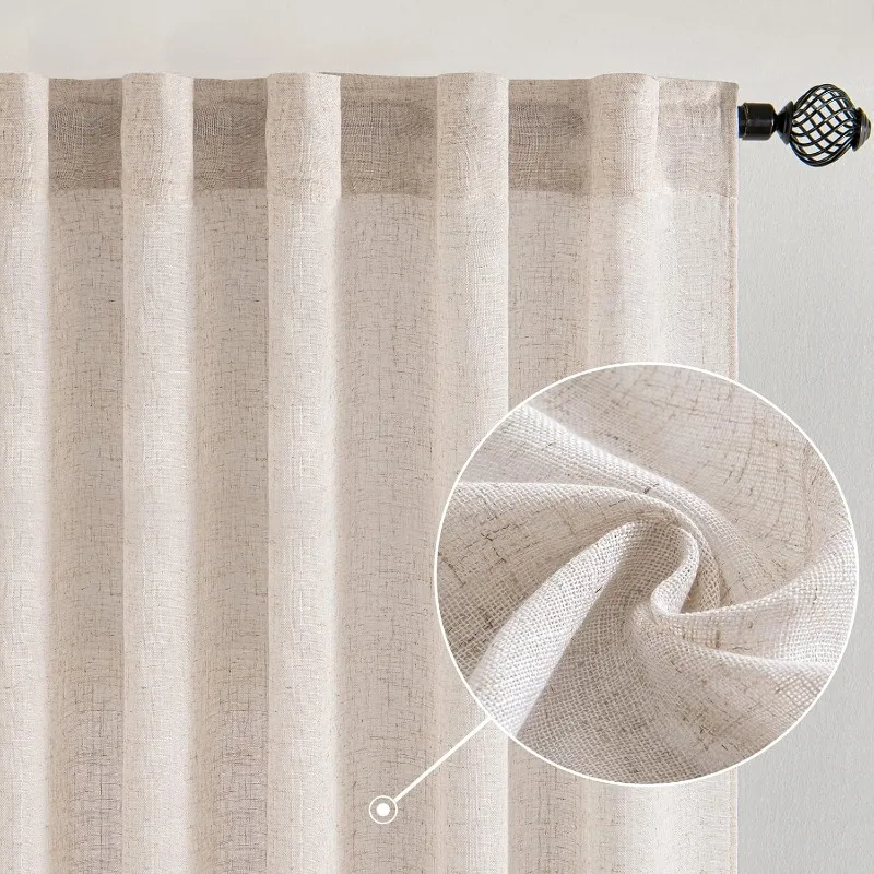 Natural White Linen Curtains 90 Inch Long 2 Panels Set for Bedroom Living Room, Soft Thick Textured Window Drapes Semi Sheer