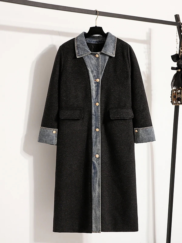 Authentic Small Fragrance Style Woolen Coat Long Elegant Cowl Neck Wrap Casual Streetwear Polyester Wool Blend Thick Winter O...