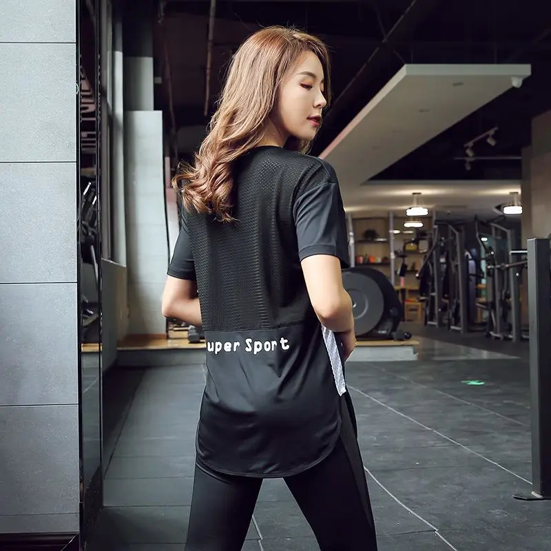 Loose Long Yoga Top Women's Quick Dry Fitness Set plus Size Sports T-Shirt Fat MM Butt Covering Clothes Summer