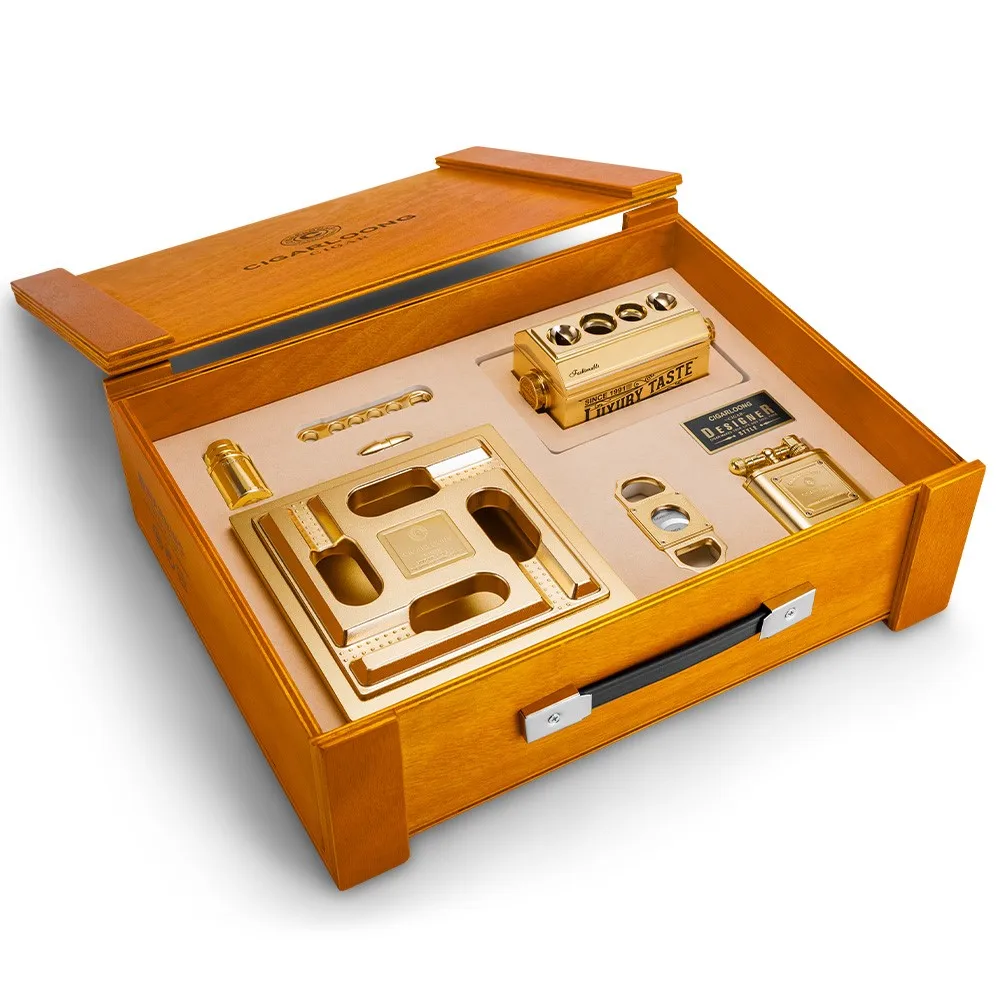 

Luxury Cigar Accessories Ashtray Cutter Lighter and Holder Set for Cigar Lover's Gift Collection Wood Box Pack