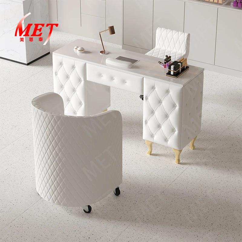 custom.Modern Beauty Salon Furniture Single Manicure Table and Chair Set Luxury Tufted pink Leather Wooden Nail Table Sale