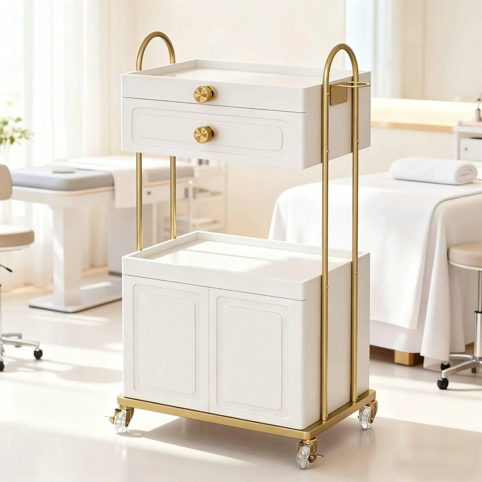 Salon Rolling Cart with Drawer and Lockable Cabinet, Professional Beauty Organizer Station for Stylists, Mobile Trolley